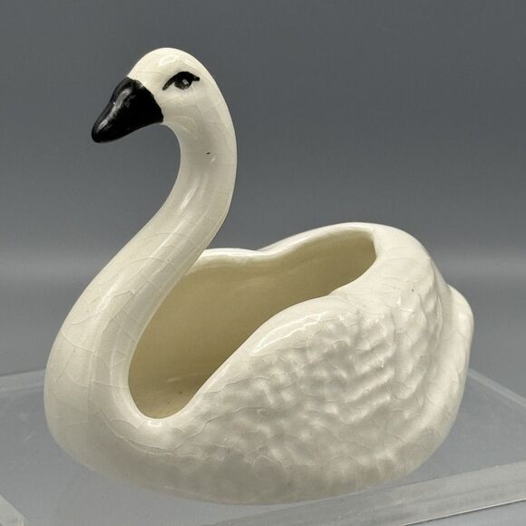 Vtg Small Swan Figurine Planter Black Beak '84 Stock Heaving Crazing 3" Birds - Picture 4 of 8